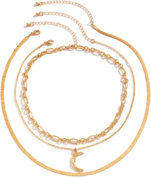 Layering Necklaces, Dainty Layering Necklaces for Women Moon Snake Chain Pendant Chain Necklaces Jewelry Gifts for Birthday Wedding, 3 Pieces