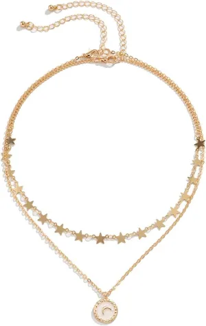 Layering Necklaces for Women, Layered Necklaces for Women Star Sequins Moon Pendant Chain Necklaces for Women Girls, 2 Pieces