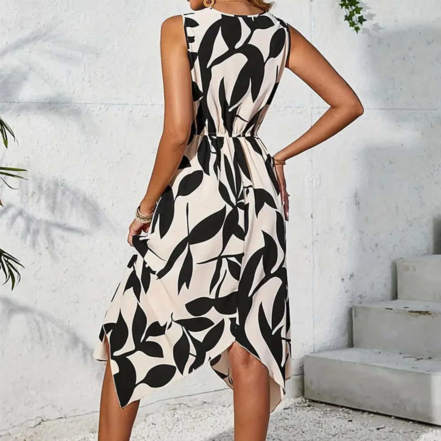 lcyhony Midi Dresses for Women 2025 Casual Summer V Neck Sleeveless Wrap Floral Dress Y2k Flowy Irregular Hem Beach Sundress