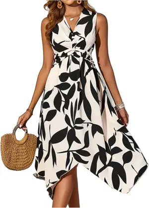 lcyhony Midi Dresses for Women 2025 Casual Summer V Neck Sleeveless Wrap Floral Dress Y2k Flowy Irregular Hem Beach Sundress