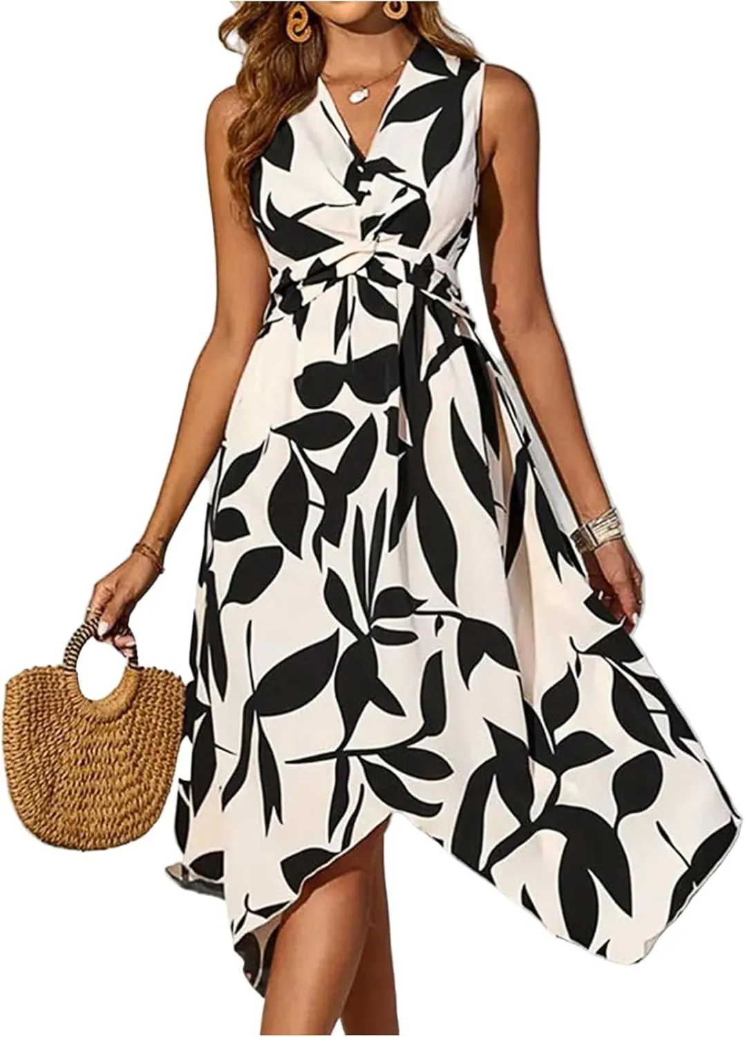 lcyhony Midi Dresses for Women 2025 Casual Summer V Neck Sleeveless Wrap Floral Dress Y2k Flowy Irregular Hem Beach Sundress