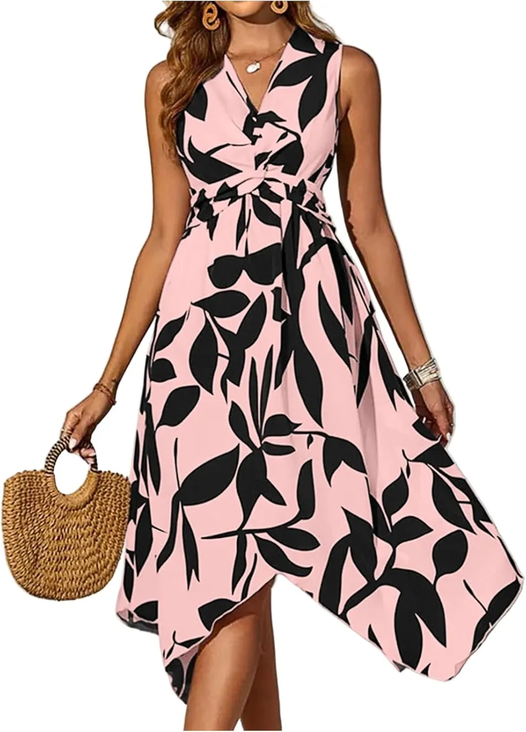 lcyhony Midi Dresses for Women 2025 Casual Summer V Neck Sleeveless Wrap Floral Dress Y2k Flowy Irregular Hem Beach Sundress