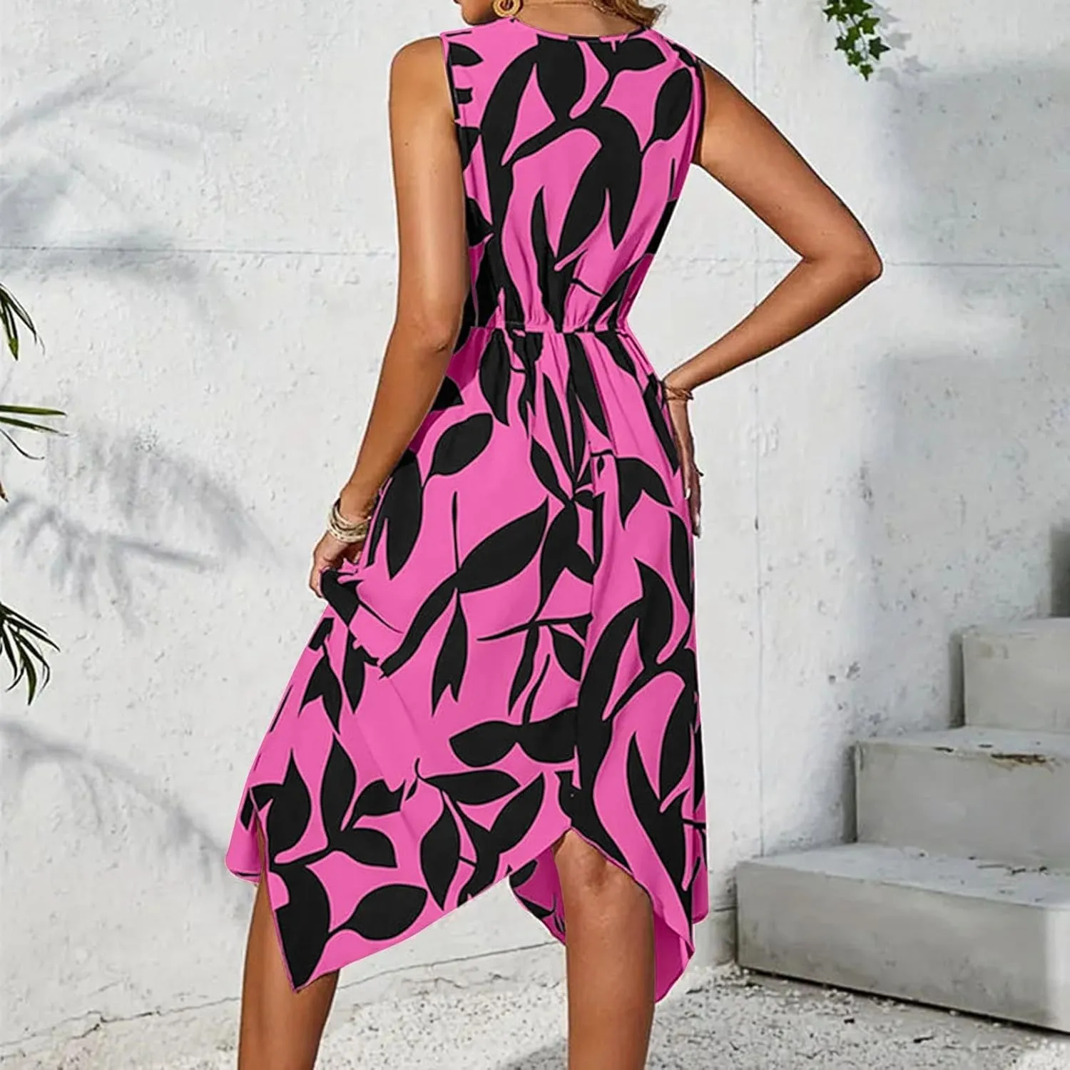 lcyhony Midi Dresses for Women 2025 Casual Summer V Neck Sleeveless Wrap Floral Dress Y2k Flowy Irregular Hem Beach Sundress