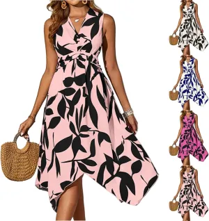lcyhony Midi Dresses for Women 2025 Casual Summer V Neck Sleeveless Wrap Floral Dress Y2k Flowy Irregular Hem Beach Sundress