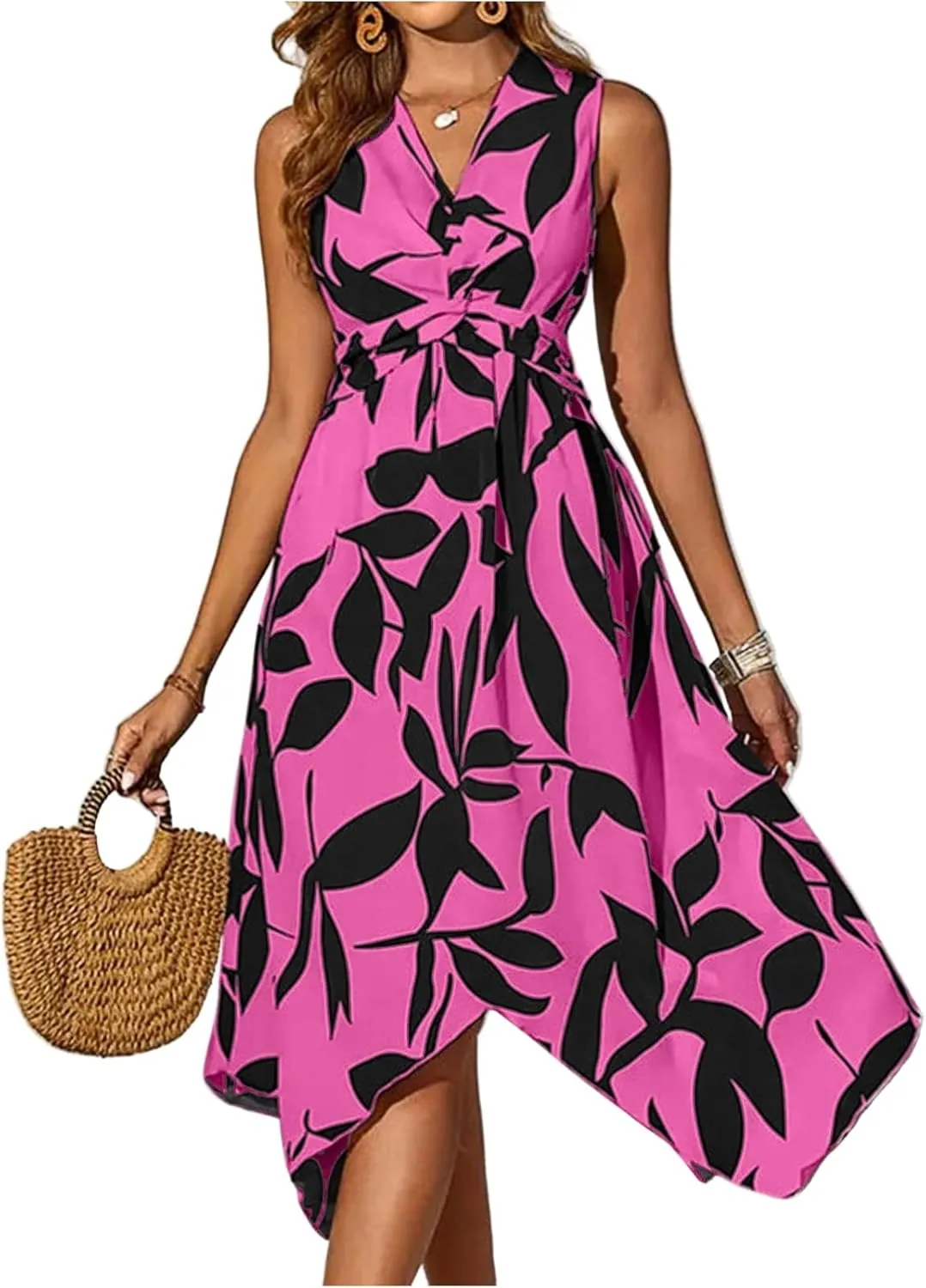 lcyhony Midi Dresses for Women 2025 Casual Summer V Neck Sleeveless Wrap Floral Dress Y2k Flowy Irregular Hem Beach Sundress
