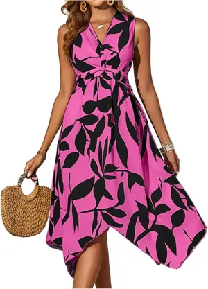lcyhony Midi Dresses for Women 2025 Casual Summer V Neck Sleeveless Wrap Floral Dress Y2k Flowy Irregular Hem Beach Sundress