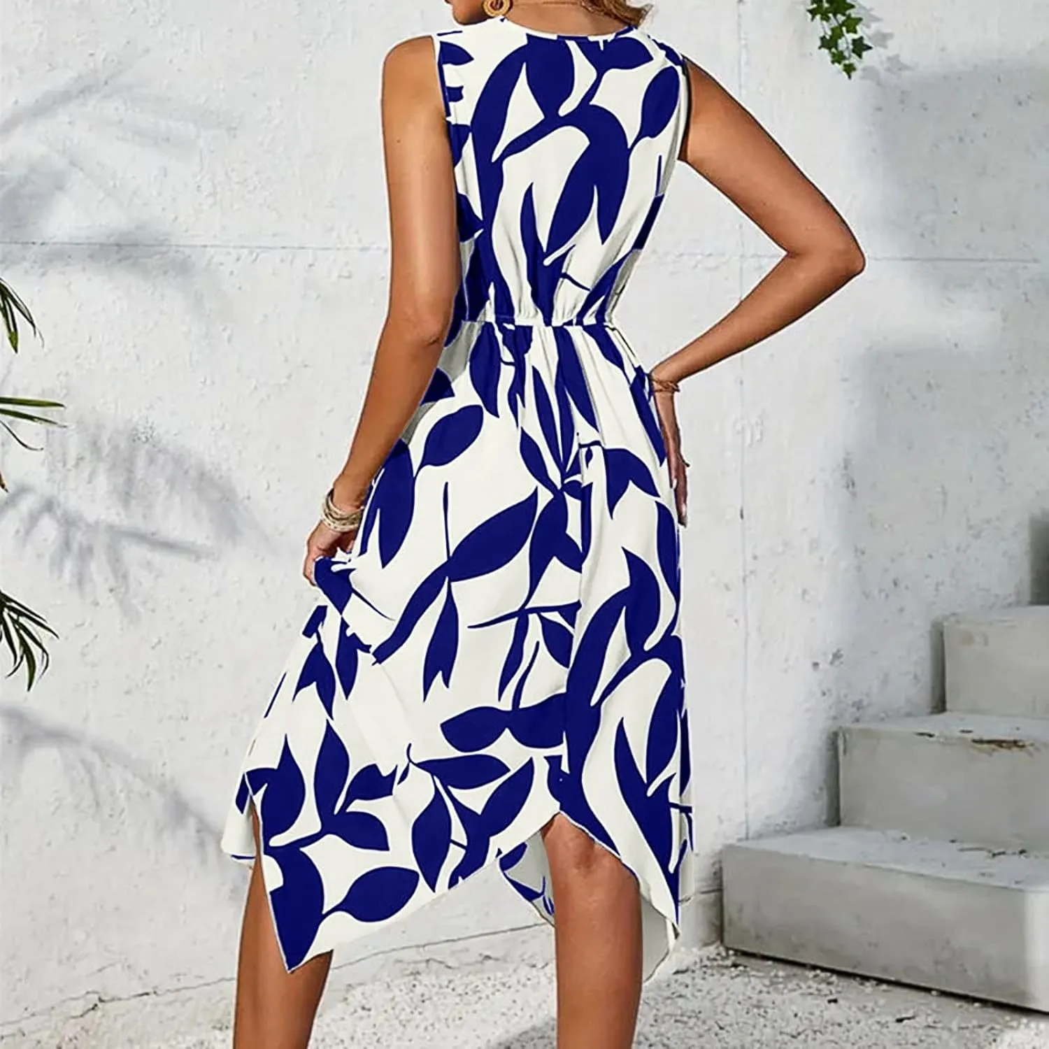 lcyhony Midi Dresses for Women 2025 Casual Summer V Neck Sleeveless Wrap Floral Dress Y2k Flowy Irregular Hem Beach Sundress