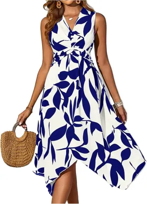 lcyhony Midi Dresses for Women 2025 Casual Summer V Neck Sleeveless Wrap Floral Dress Y2k Flowy Irregular Hem Beach Sundress