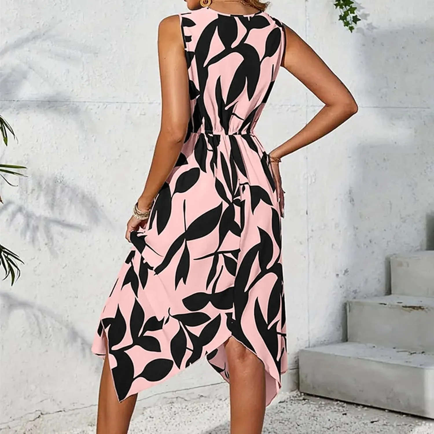 lcyhony Midi Dresses for Women 2025 Casual Summer V Neck Sleeveless Wrap Floral Dress Y2k Flowy Irregular Hem Beach Sundress
