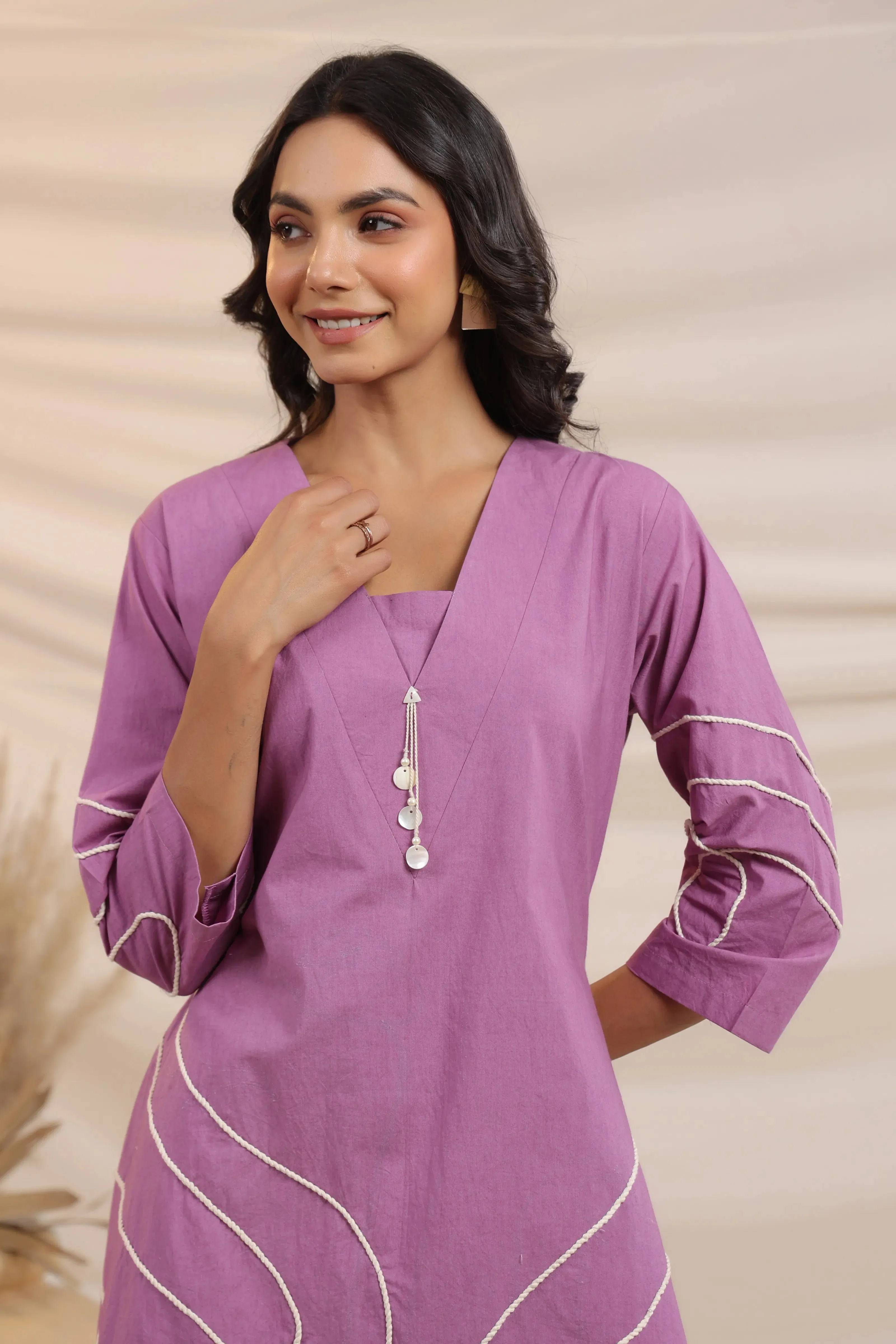 Lilac Abstract Cord Work Midi Dress in Cotton Cambric