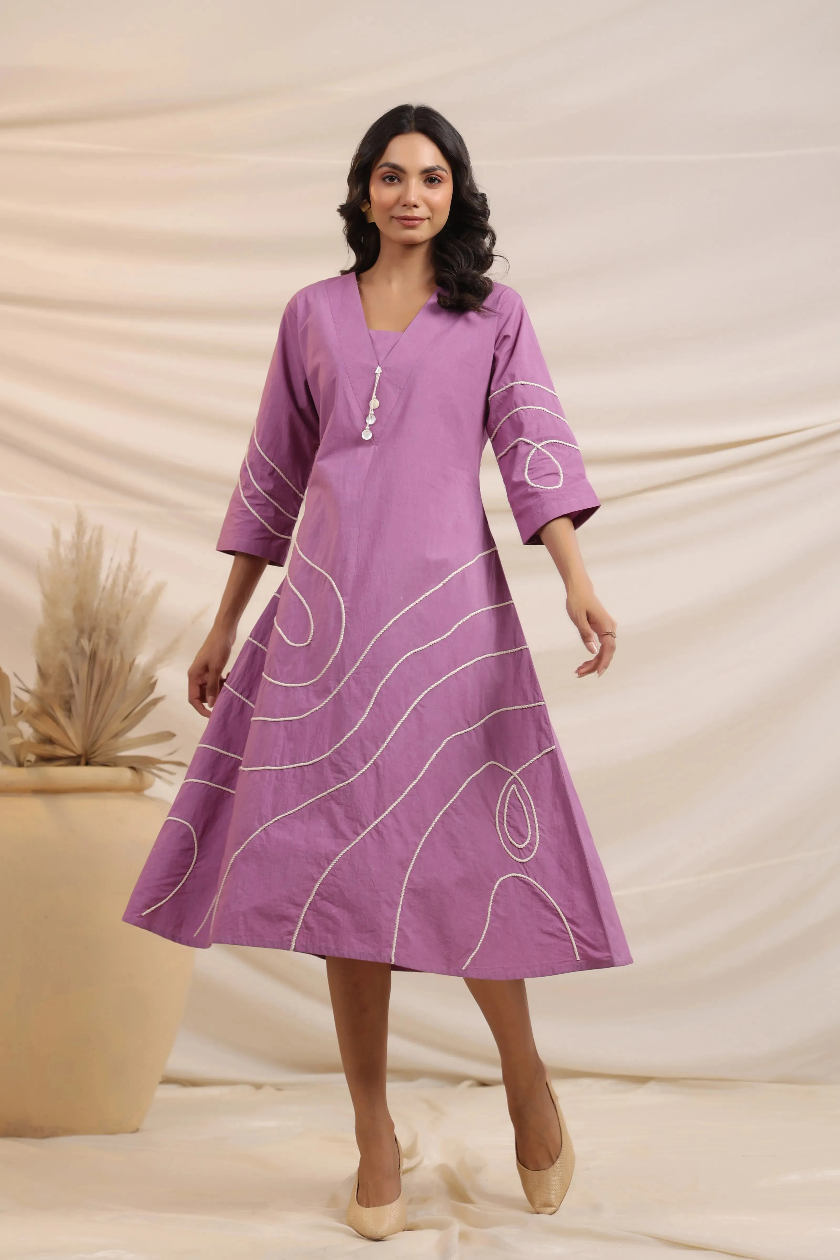 Lilac Abstract Cord Work Midi Dress in Cotton Cambric