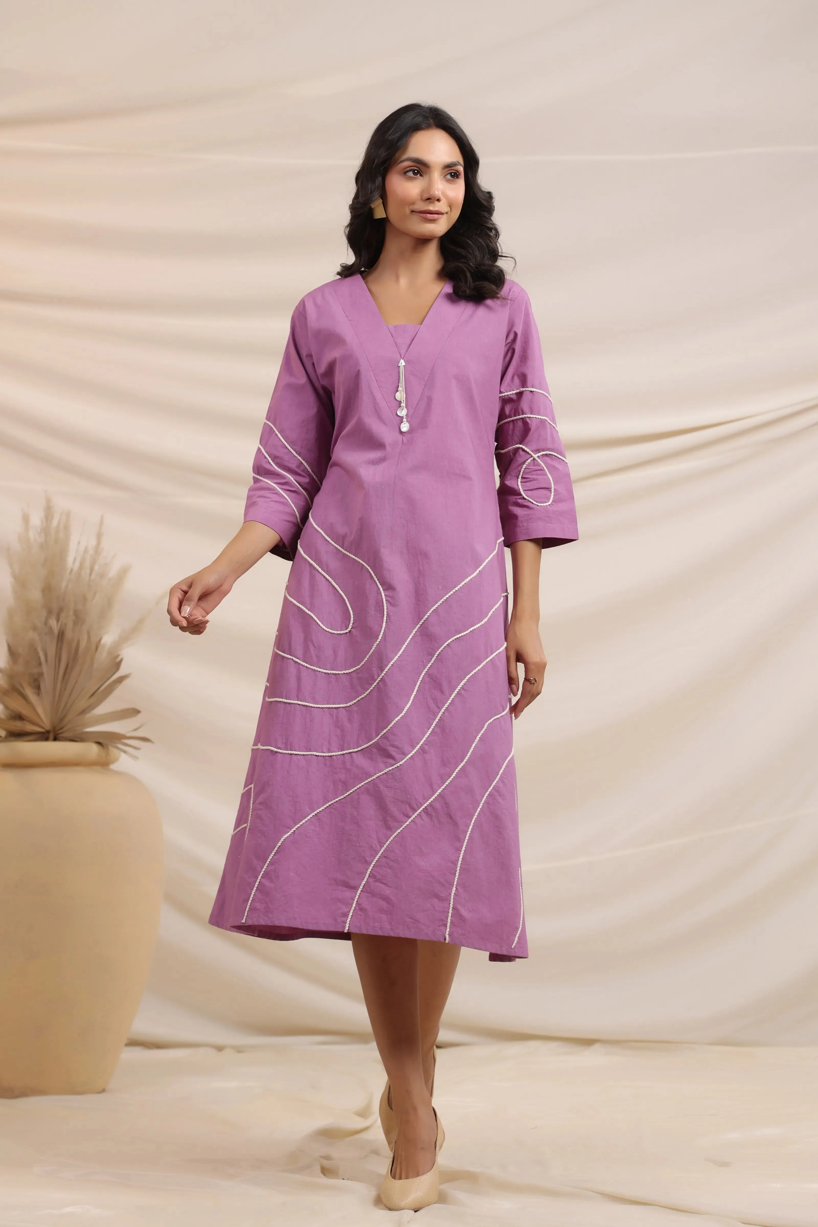 Lilac Abstract Cord Work Midi Dress in Cotton Cambric