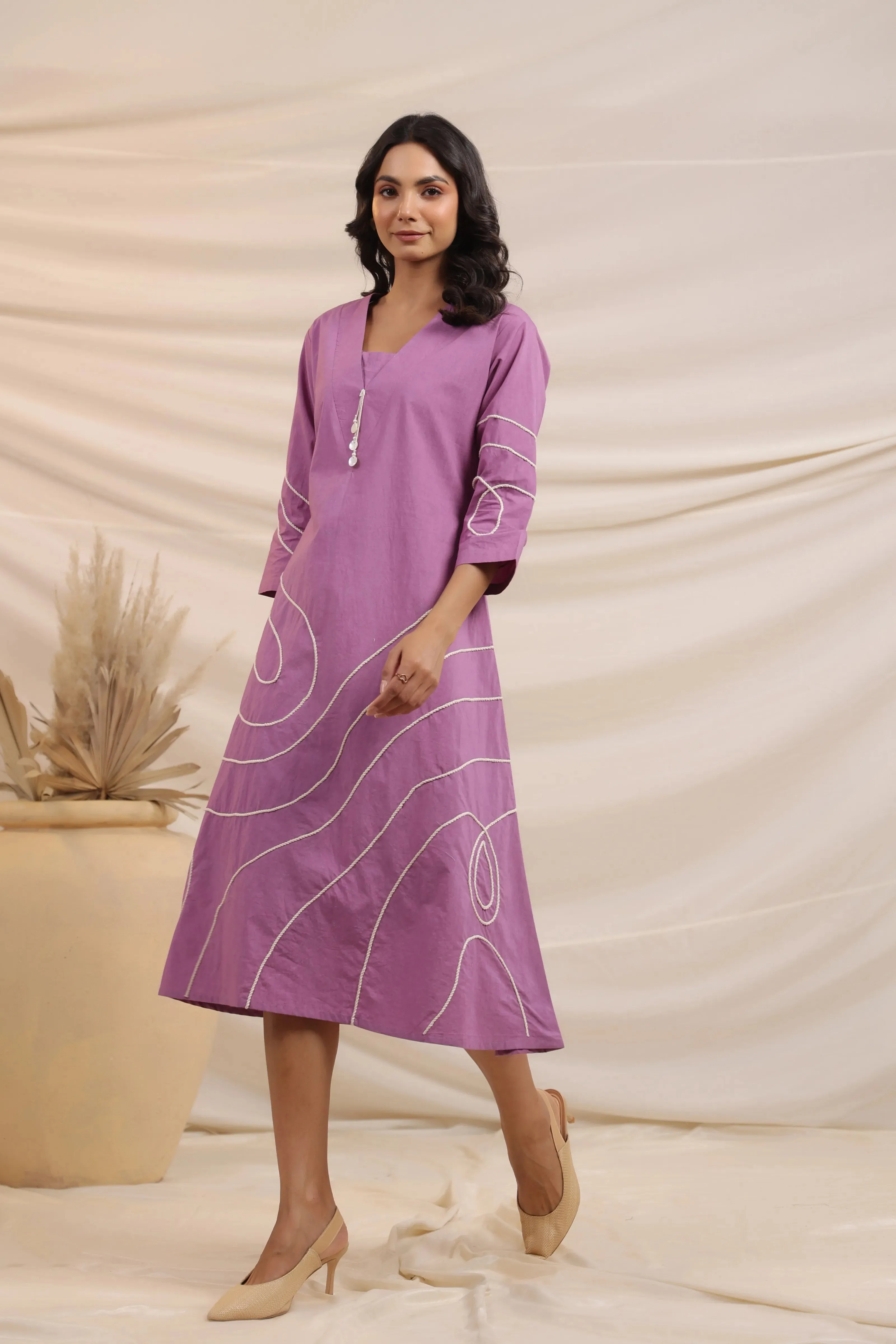Lilac Abstract Cord Work Midi Dress in Cotton Cambric