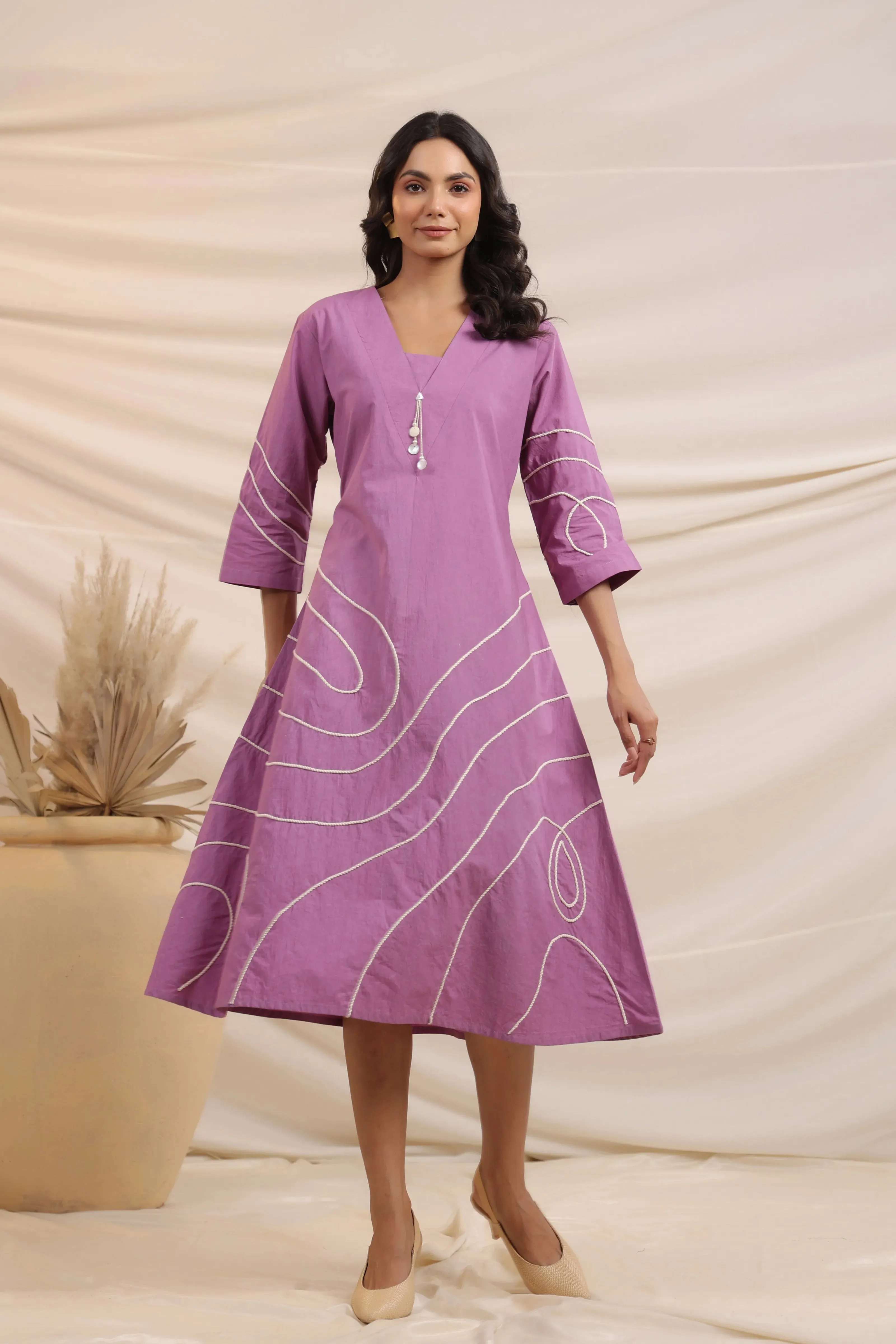 Lilac Abstract Cord Work Midi Dress in Cotton Cambric