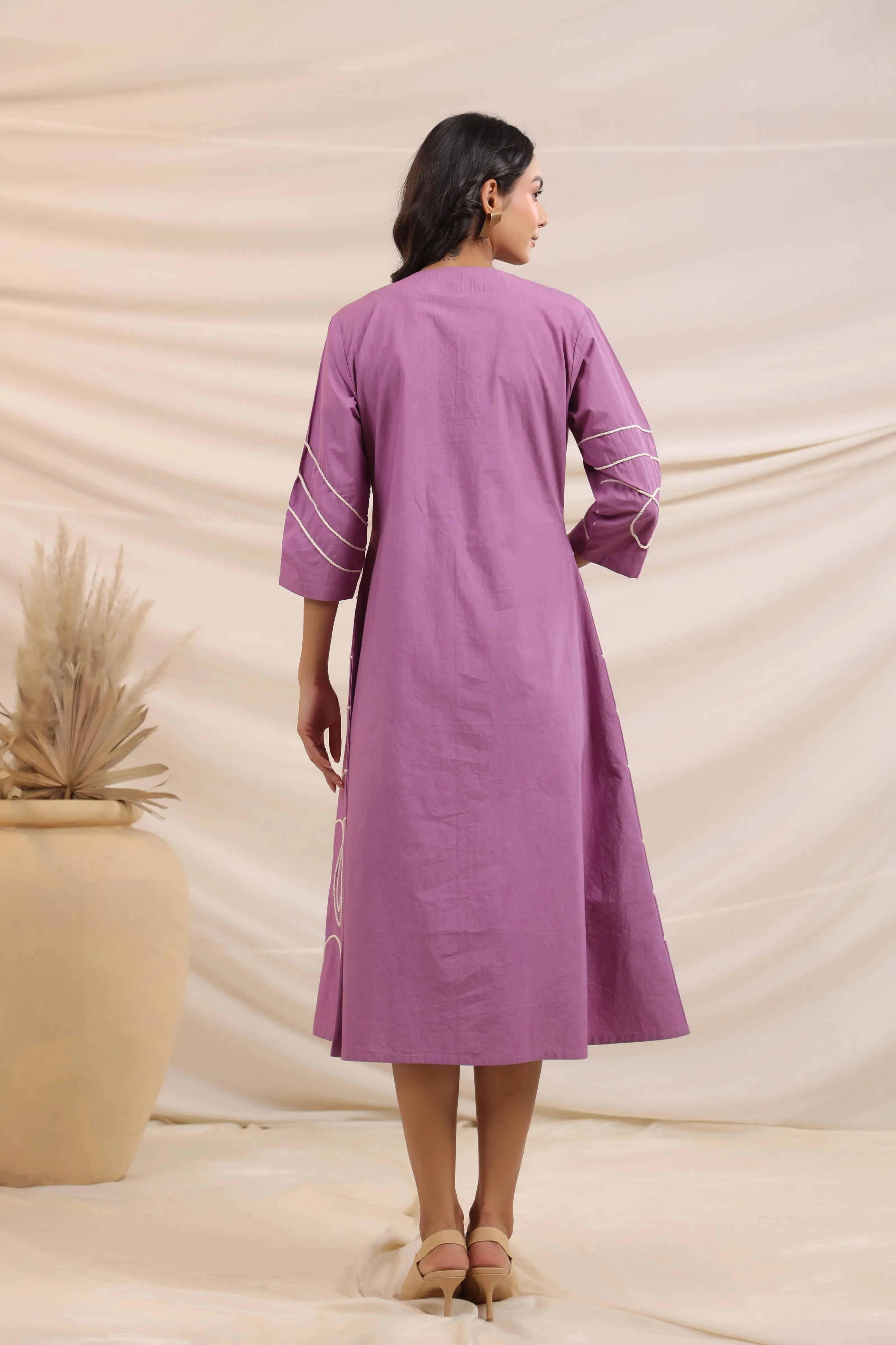 Lilac Abstract Cord Work Midi Dress in Cotton Cambric