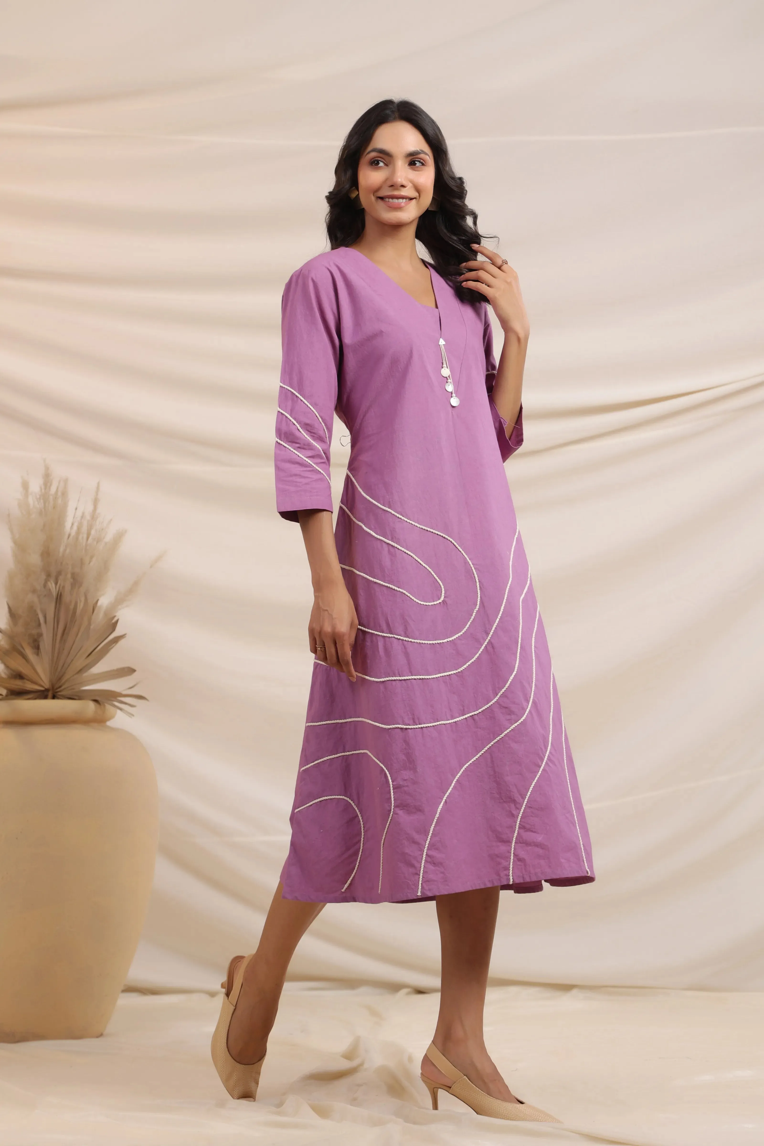 Lilac Abstract Cord Work Midi Dress in Cotton Cambric