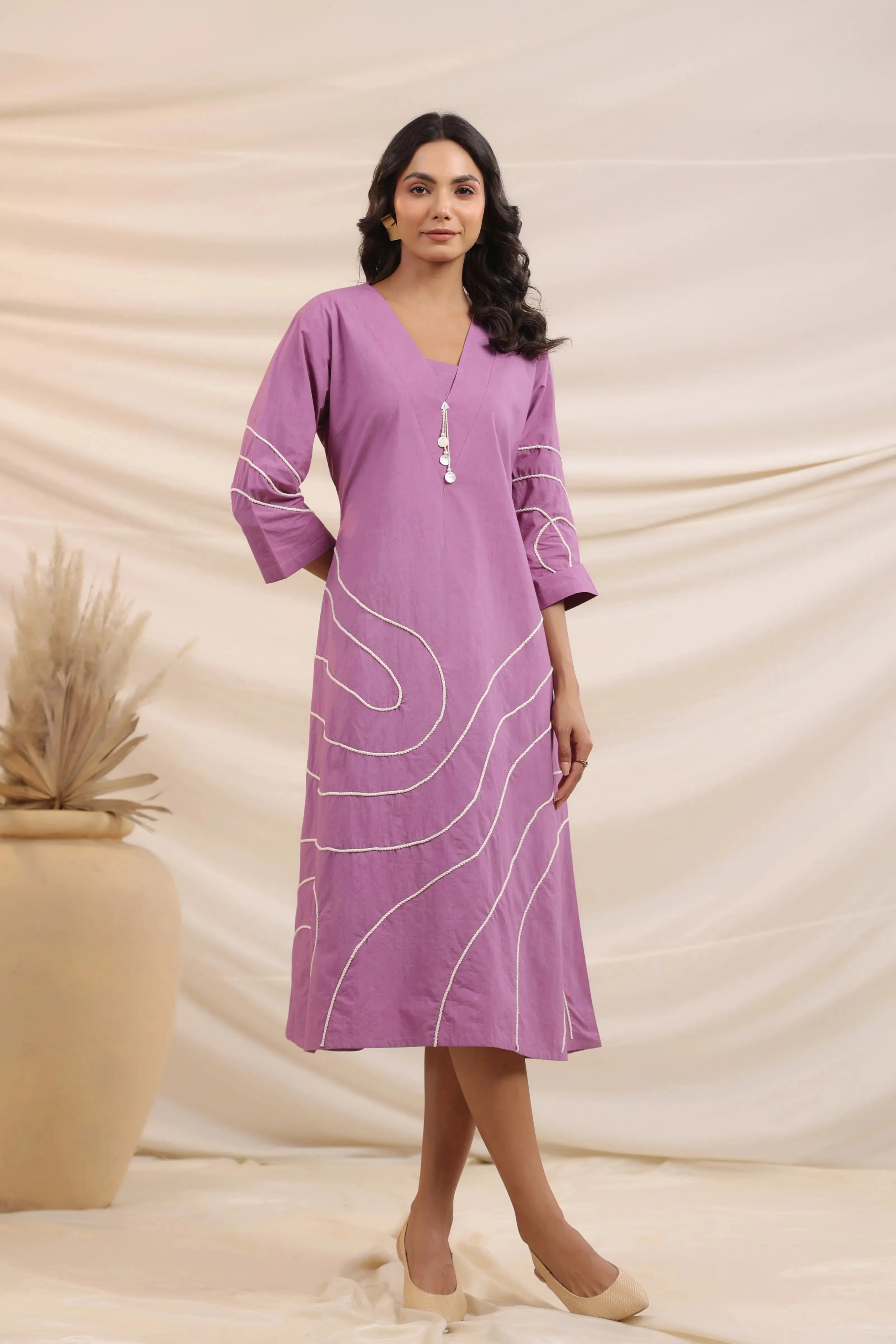 Lilac Abstract Cord Work Midi Dress in Cotton Cambric