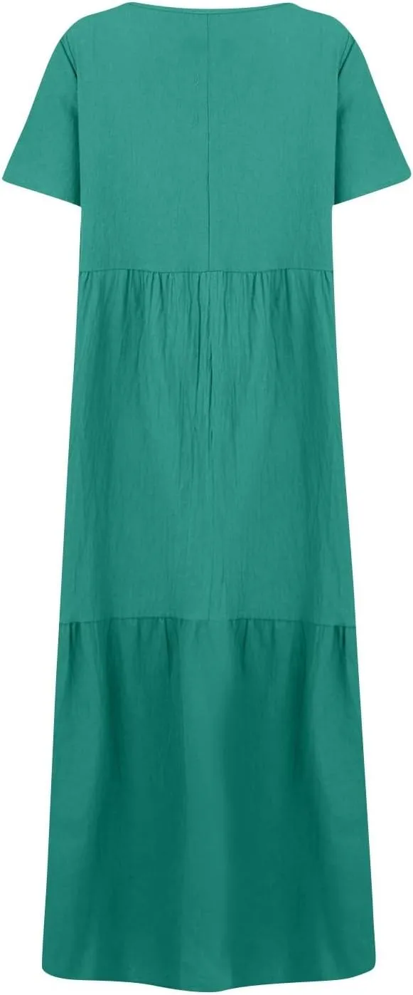 Linen Dress Women Summer Short Sleeve V Neck Plus Size Maxi Dress Casual Flowy Loose Long Vacation Beach Dresses
