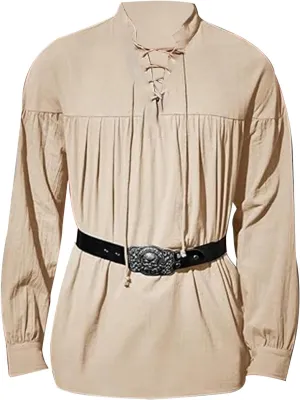 Linen Lace Up Belted Boho Shirts for Men Long Sleeve Hippie Casual Beach Henley Shirts V Neck Yoga Viking Tunic Tops
