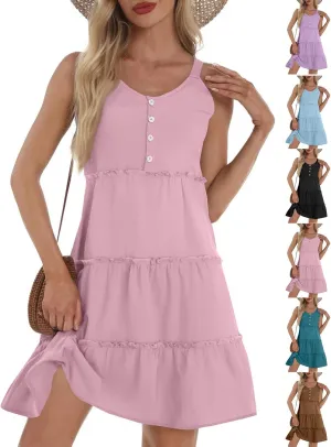 Linen Sundresses for Women 2025 Sleeveless Tiered Short Dresses Summer Vacation Outfits Cute Casual Sun Dresses