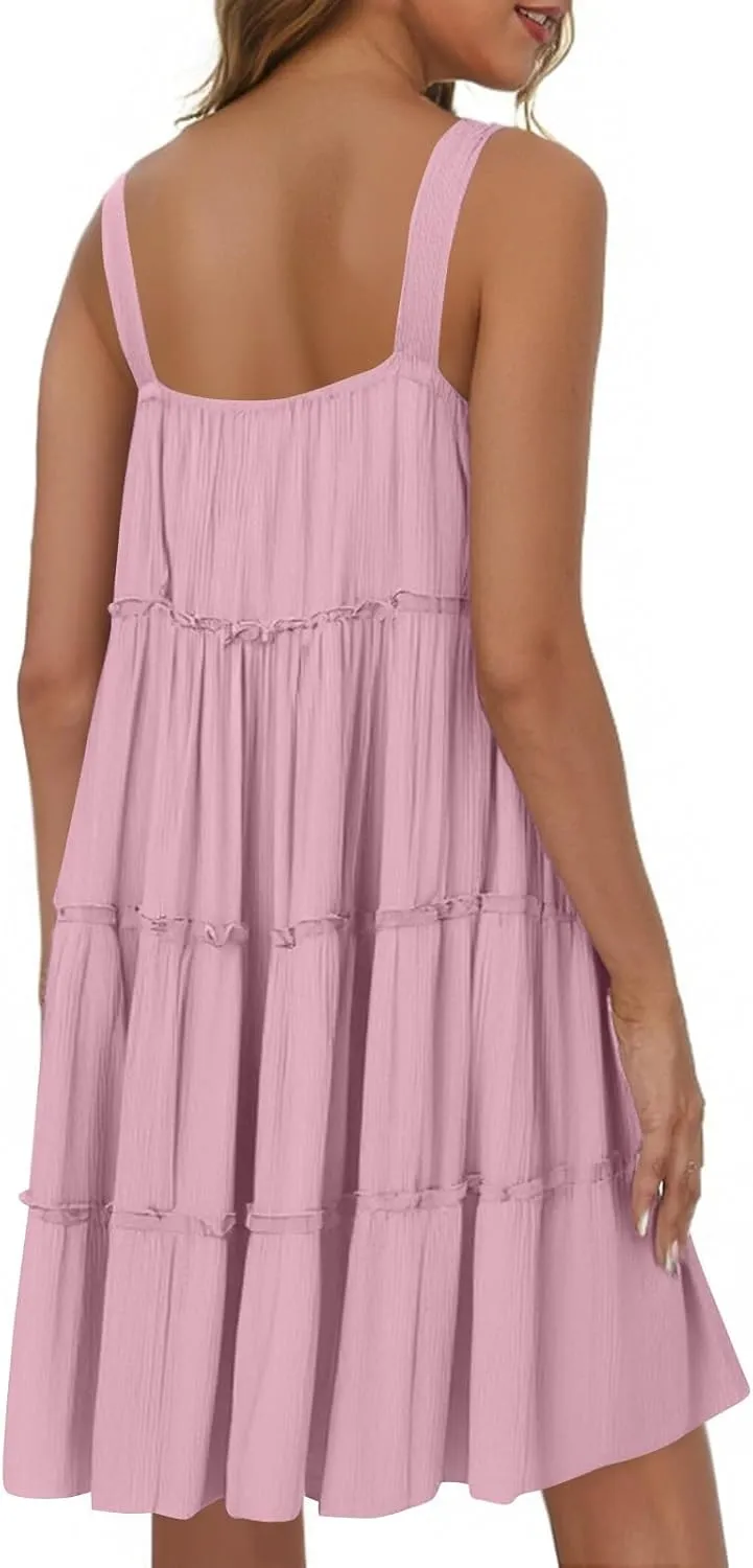 Linen Sundresses for Women 2025 Sleeveless Tiered Short Dresses Summer Vacation Outfits Cute Casual Sun Dresses