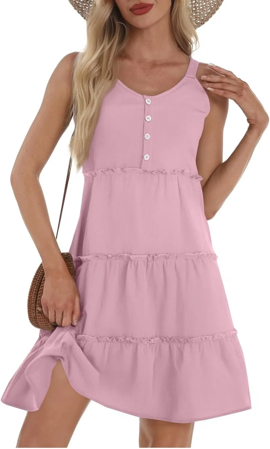Linen Sundresses for Women 2025 Sleeveless Tiered Short Dresses Summer Vacation Outfits Cute Casual Sun Dresses