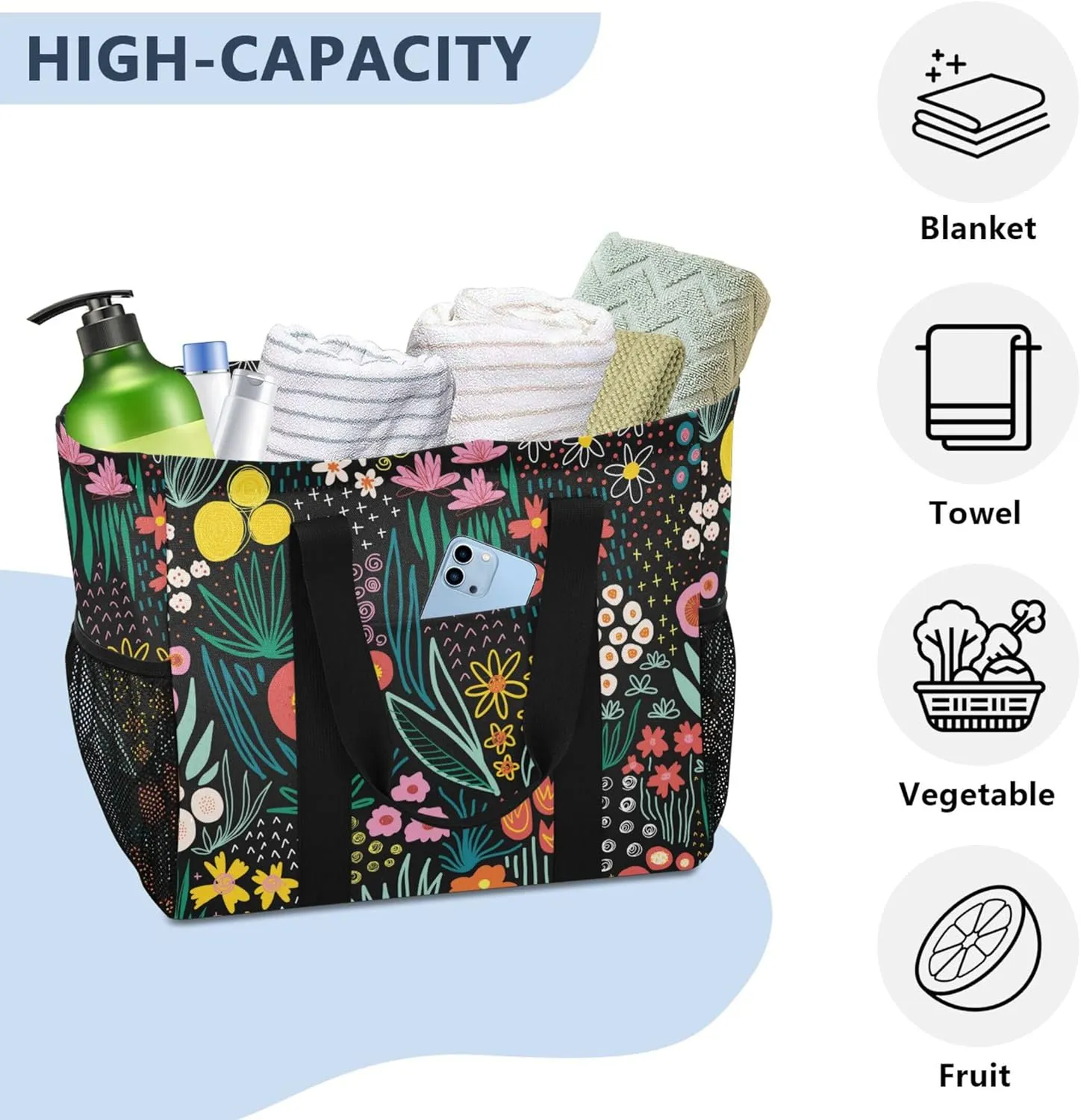 linqin Cartoon Fish Pattern Reusable Grocery Bags, Foldable Canvas Tote Bag Waterproof Travel Beach Bag for Shopping Work Gym