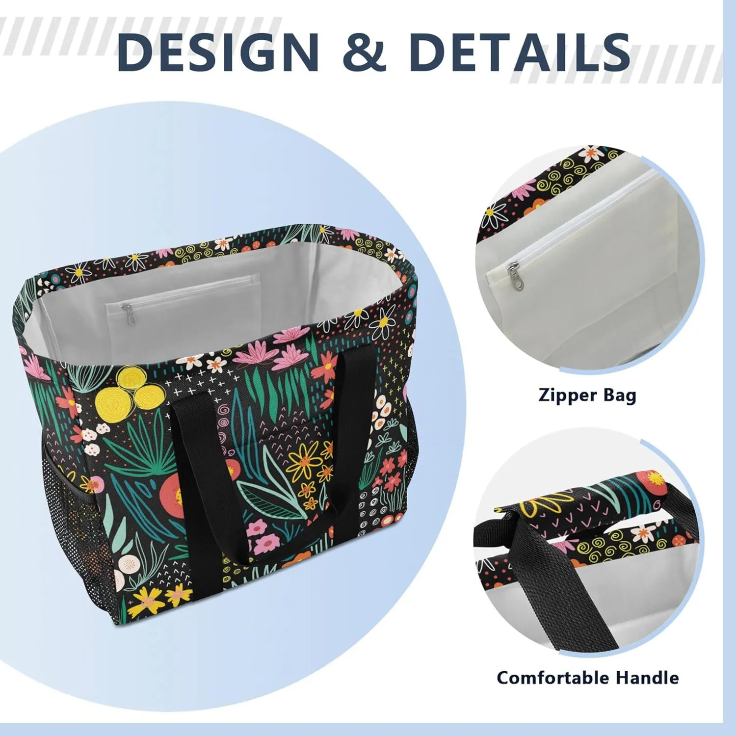 linqin Cartoon Fish Pattern Reusable Grocery Bags, Foldable Canvas Tote Bag Waterproof Travel Beach Bag for Shopping Work Gym
