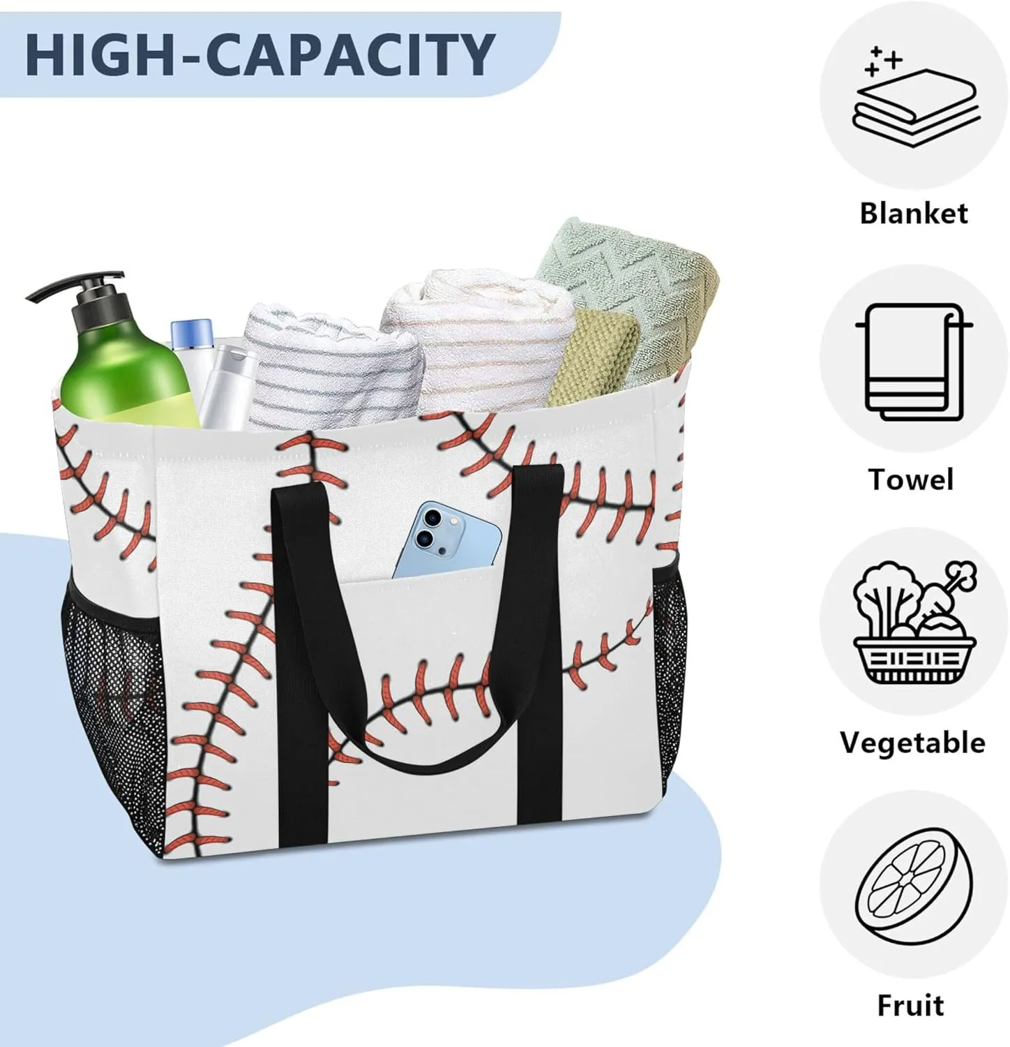 linqin Cartoon Fish Pattern Reusable Grocery Bags, Foldable Canvas Tote Bag Waterproof Travel Beach Bag for Shopping Work Gym