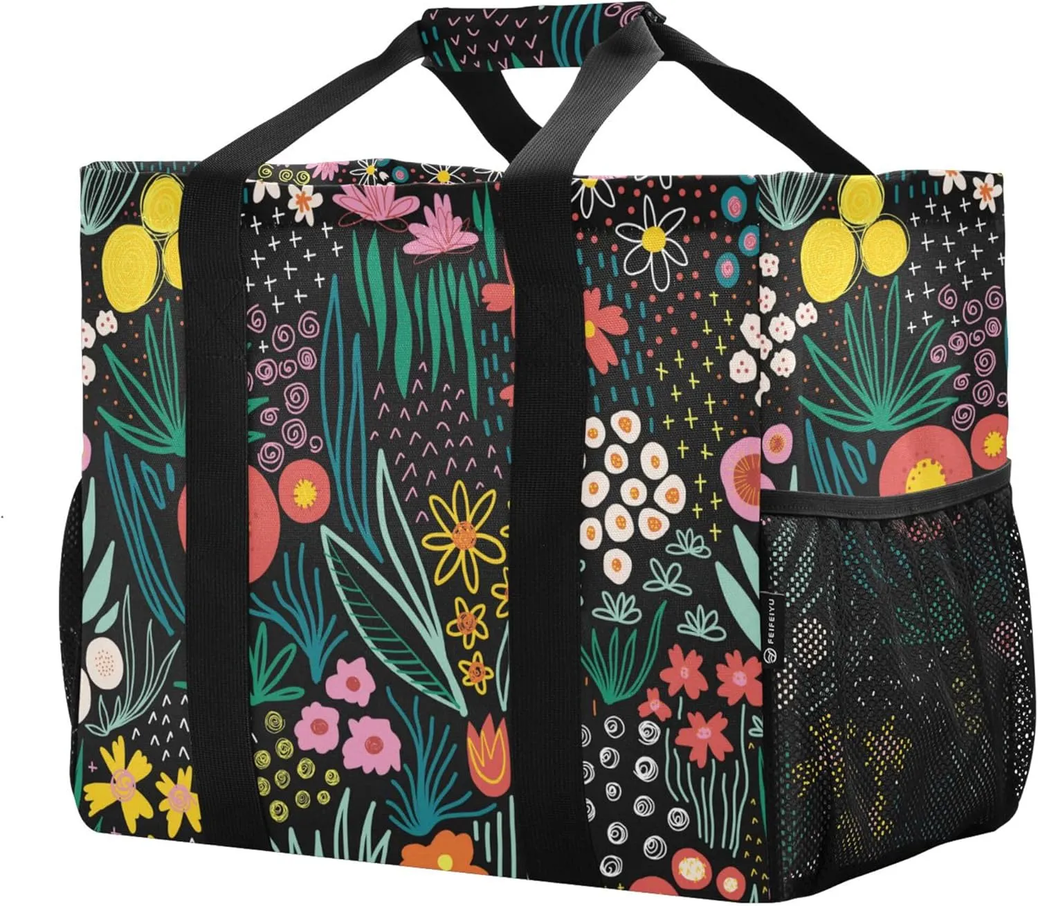 linqin Cartoon Fish Pattern Reusable Grocery Bags, Foldable Canvas Tote Bag Waterproof Travel Beach Bag for Shopping Work Gym