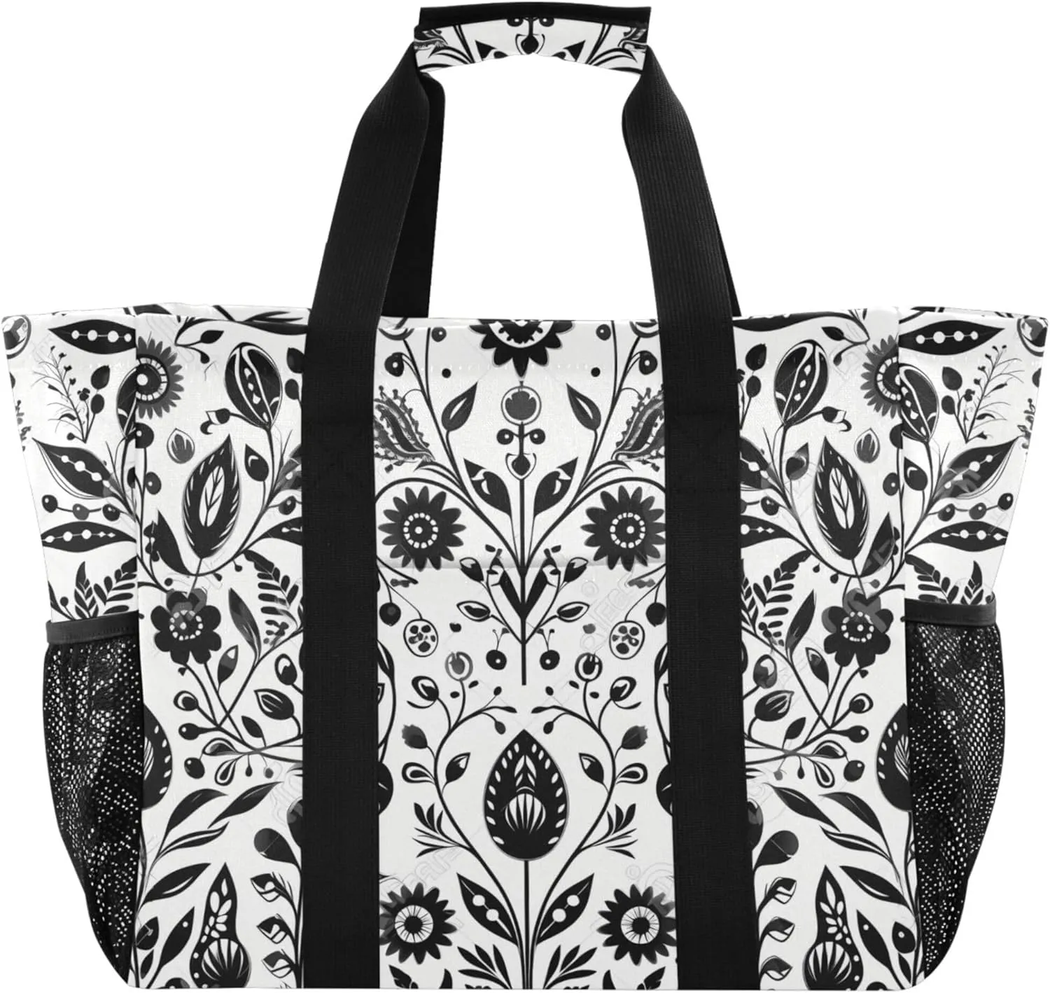 linqin Cat Flower Pattern Reusable Grocery Bags, Foldable Canvas Tote Bag Waterproof Travel Beach Bag for Shopping Work Gym