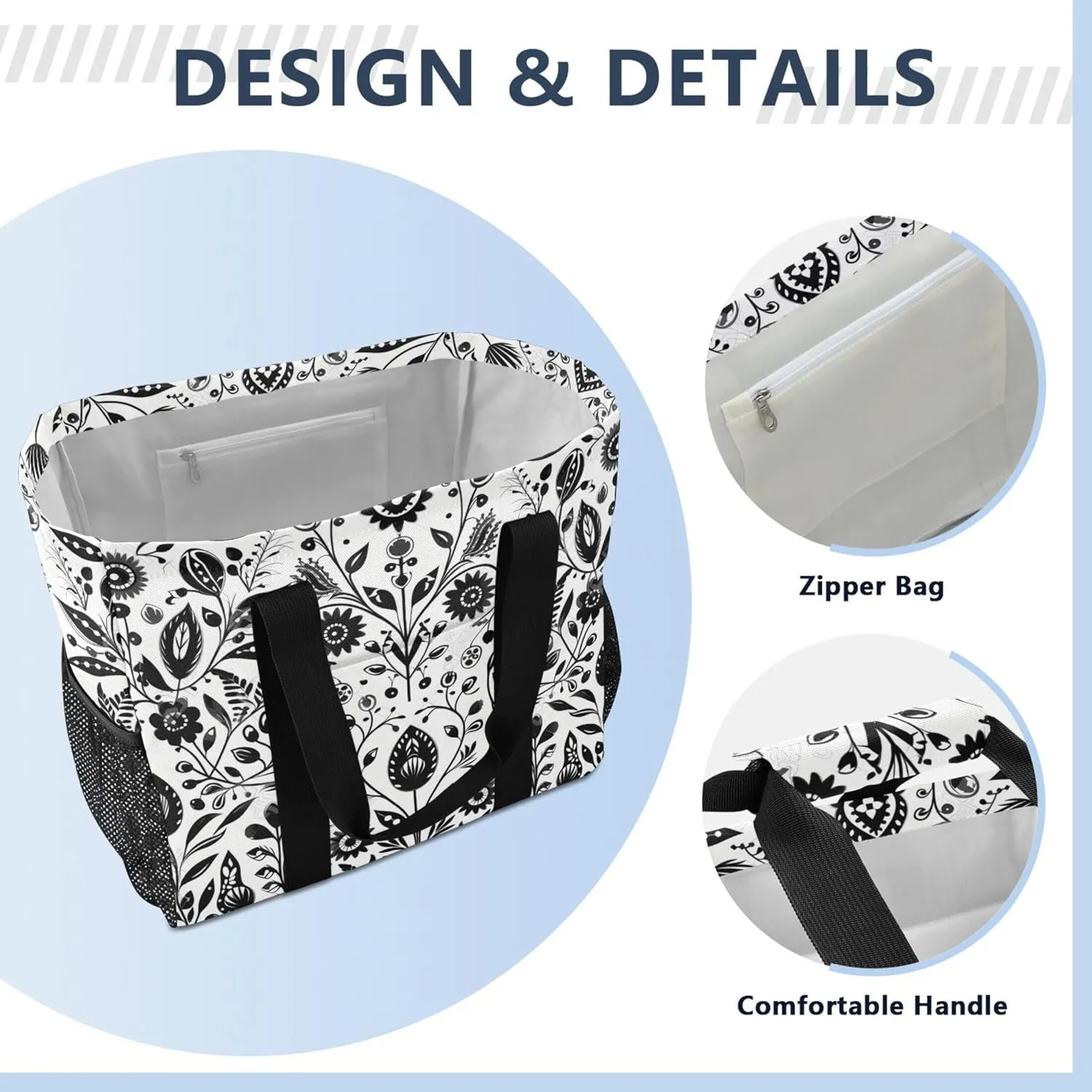 linqin Cat Flower Pattern Reusable Grocery Bags, Foldable Canvas Tote Bag Waterproof Travel Beach Bag for Shopping Work Gym