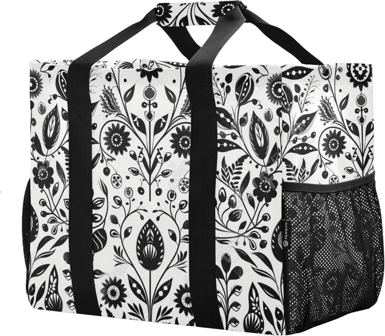 linqin Cat Flower Pattern Reusable Grocery Bags, Foldable Canvas Tote Bag Waterproof Travel Beach Bag for Shopping Work Gym