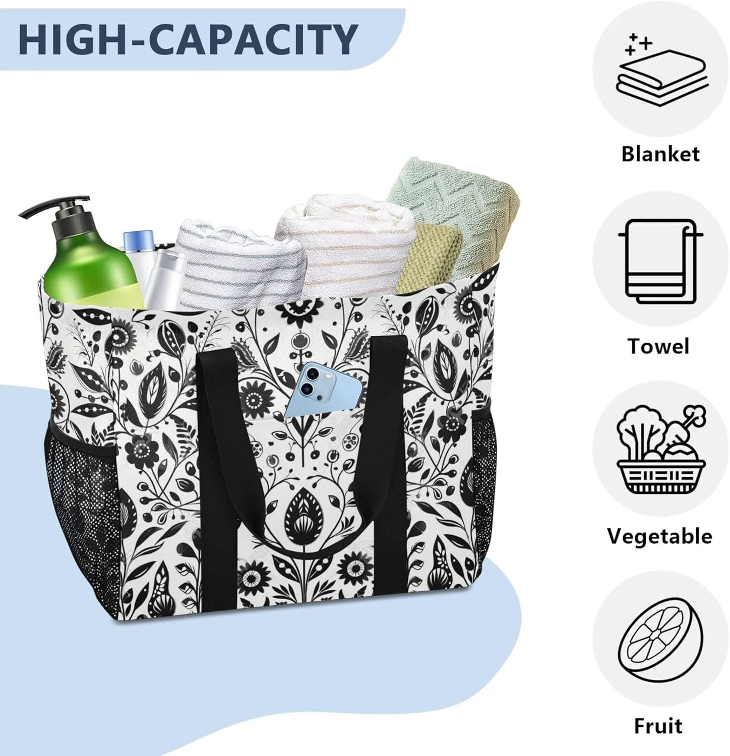 linqin Cat Flower Pattern Reusable Grocery Bags, Foldable Canvas Tote Bag Waterproof Travel Beach Bag for Shopping Work Gym