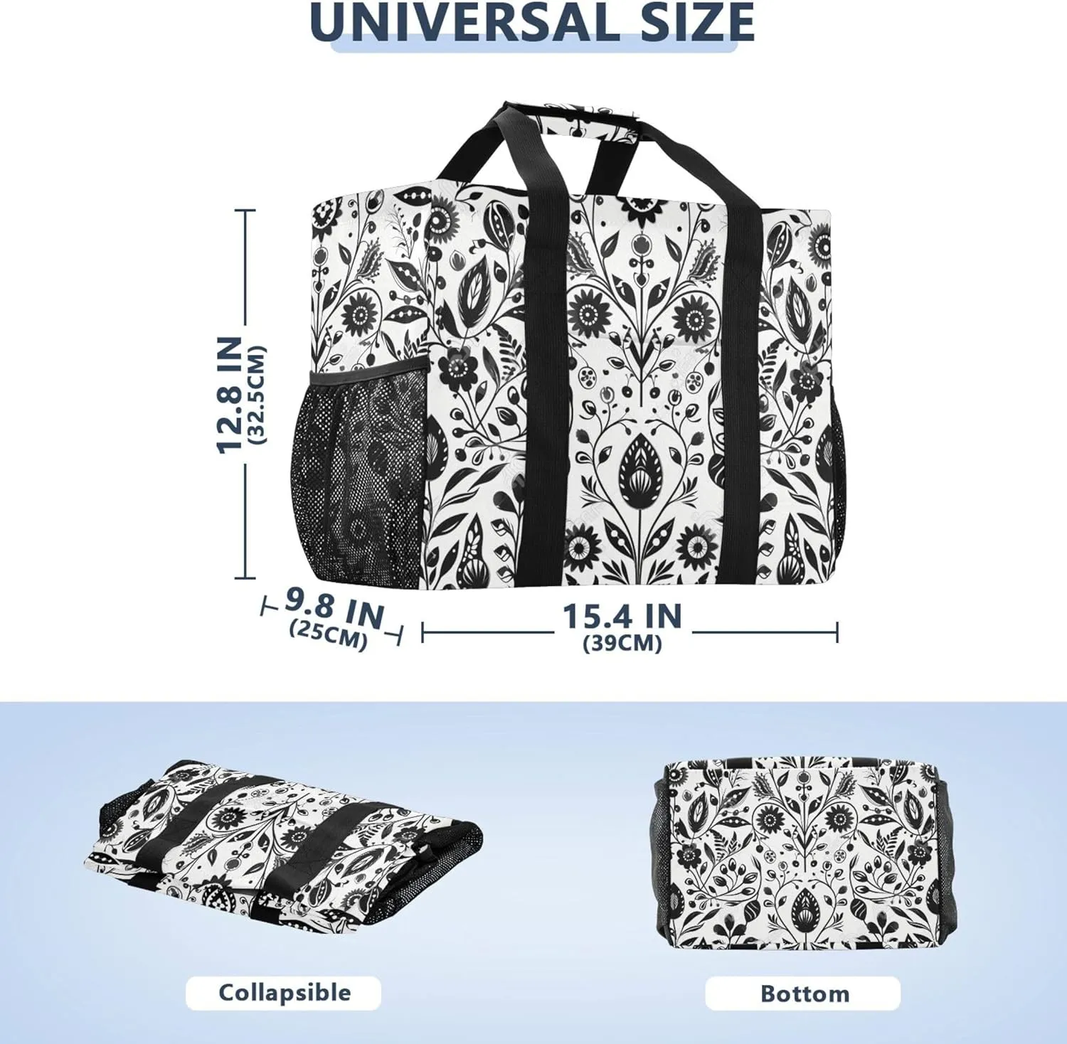 linqin Cat Flower Pattern Reusable Grocery Bags, Foldable Canvas Tote Bag Waterproof Travel Beach Bag for Shopping Work Gym
