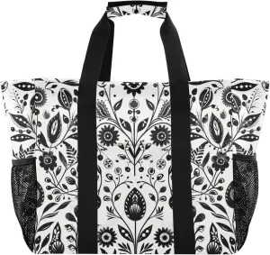 linqin Cat Flower Pattern Reusable Grocery Bags, Foldable Canvas Tote Bag Waterproof Travel Beach Bag for Shopping Work Gym