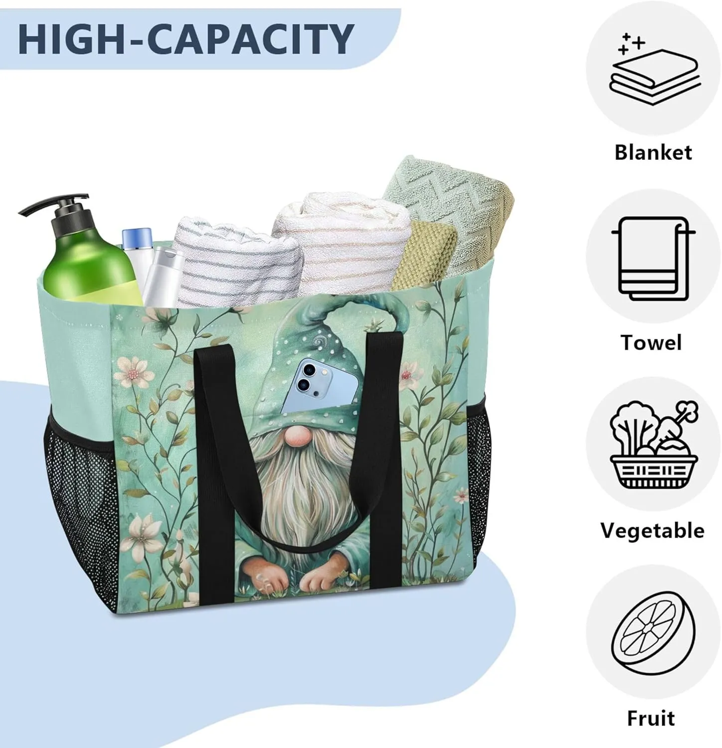 linqin Wildflower Reusable Grocery Bags, Foldable Canvas Tote Bag Waterproof Travel Beach Bag for Shopping Work Gym