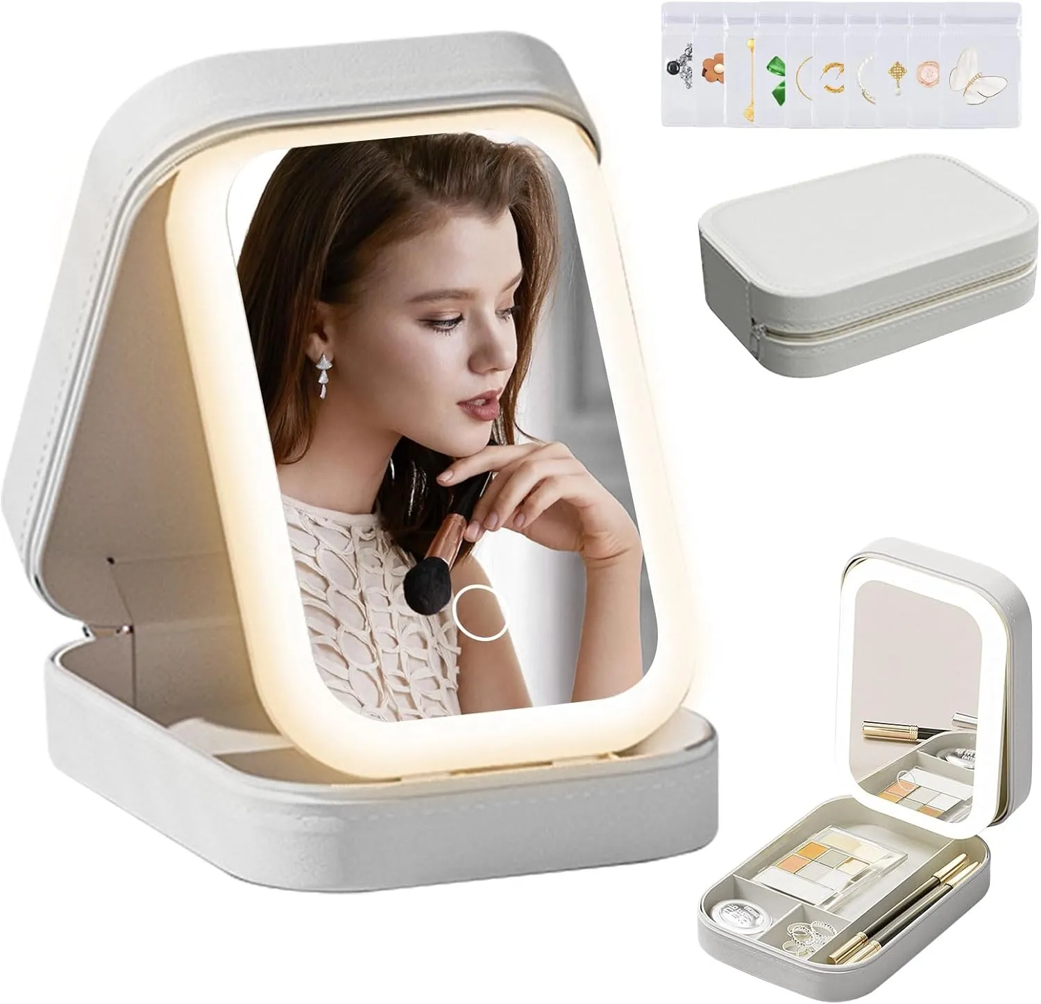 LiveGo 3-Color LED Travel Jewelry Case and Makeup Bag with Mirror, Dust-Proof Jewelry Box, 10 Sealed Jewelry Bags - Compact Cosmetic Mirror Case for Women Girls Travel Essentials (White)