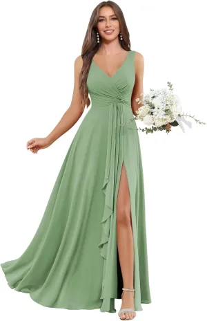 Long Chiffon Bridesmaid Dresses with Pockets V-Neck Aline Ruffles Pleated Formal Evening Gowns with Slit