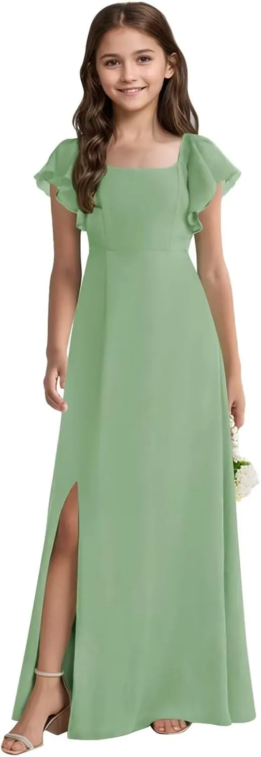 Long Chiffon Junior Bridesmaid Dresses Slit A-Line Ruffles Flower Girl Dresses for Wedding Girls Pageant Dress