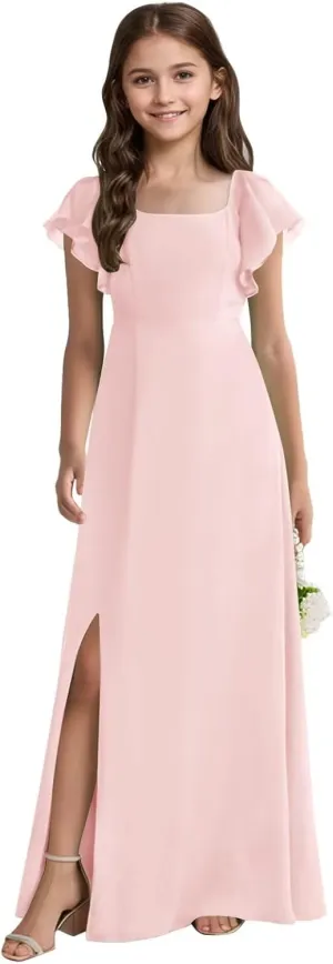 Long Chiffon Junior Bridesmaid Dresses Slit A-Line Ruffles Flower Girl Dresses for Wedding Girls Pageant Dress