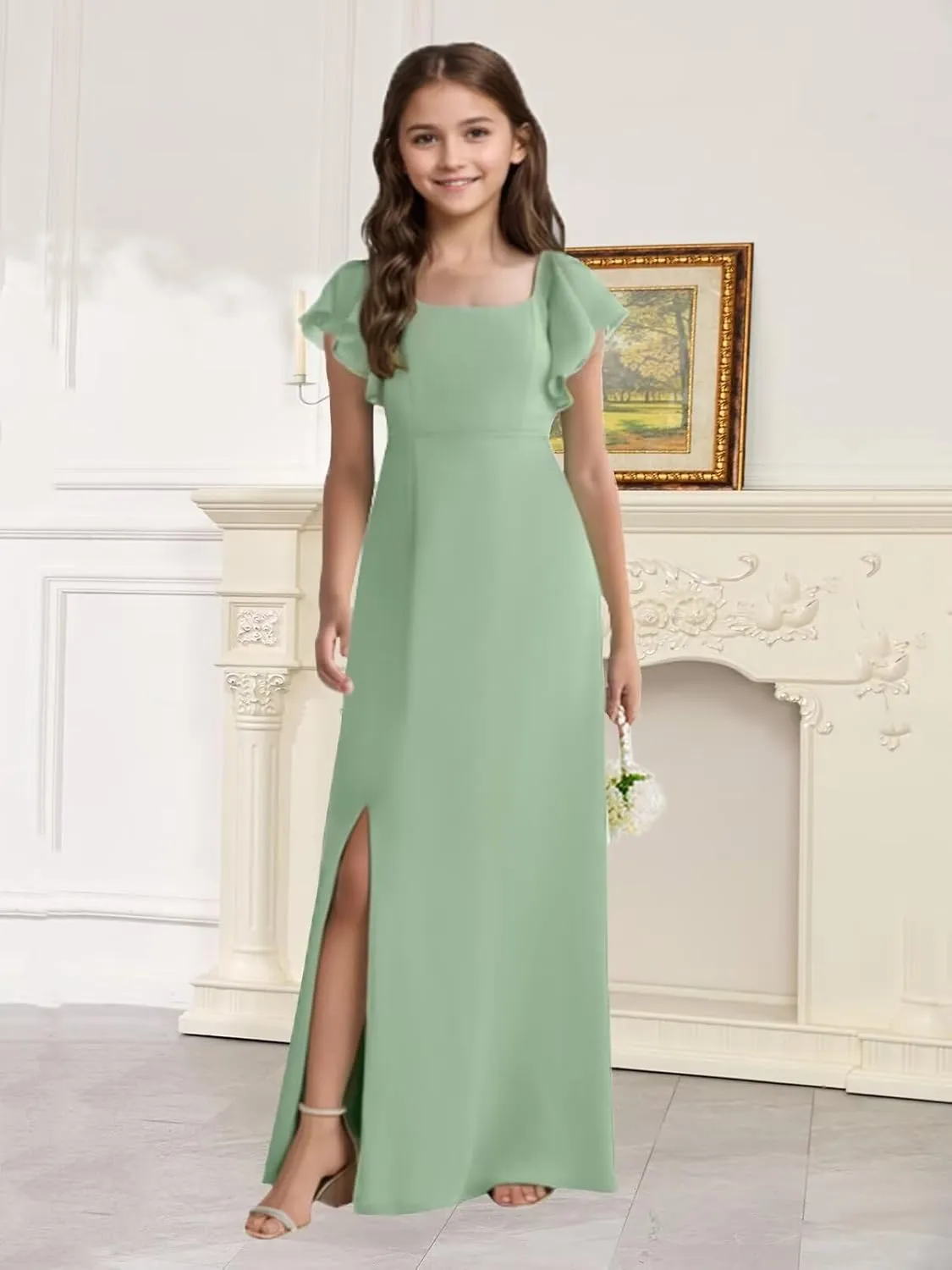 Long Chiffon Junior Bridesmaid Dresses Slit A-Line Ruffles Flower Girl Dresses for Wedding Girls Pageant Dress