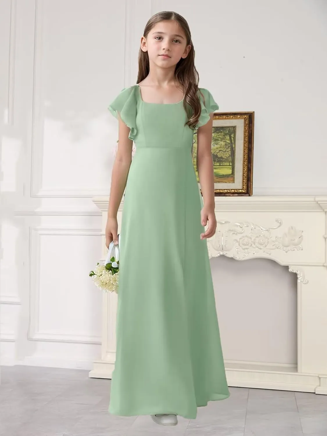 Long Chiffon Junior Bridesmaid Dresses Slit A-Line Ruffles Flower Girl Dresses for Wedding Girls Pageant Dress