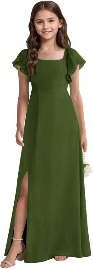 Long Chiffon Junior Bridesmaid Dresses Slit A-Line Ruffles Flower Girl Dresses for Wedding Girls Pageant Dress
