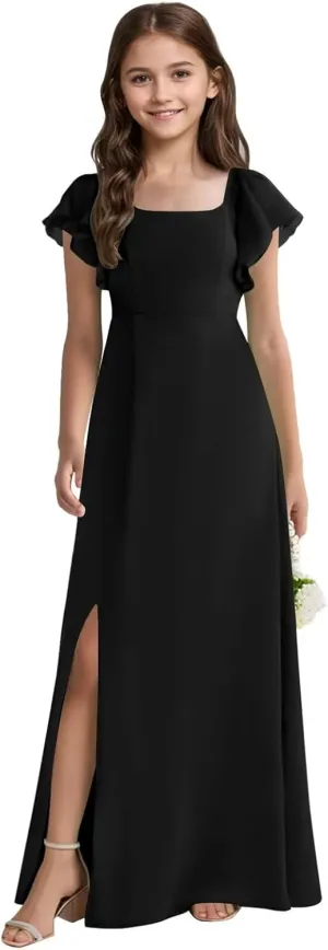 Long Chiffon Junior Bridesmaid Dresses Slit A-Line Ruffles Flower Girl Dresses for Wedding Girls Pageant Dress