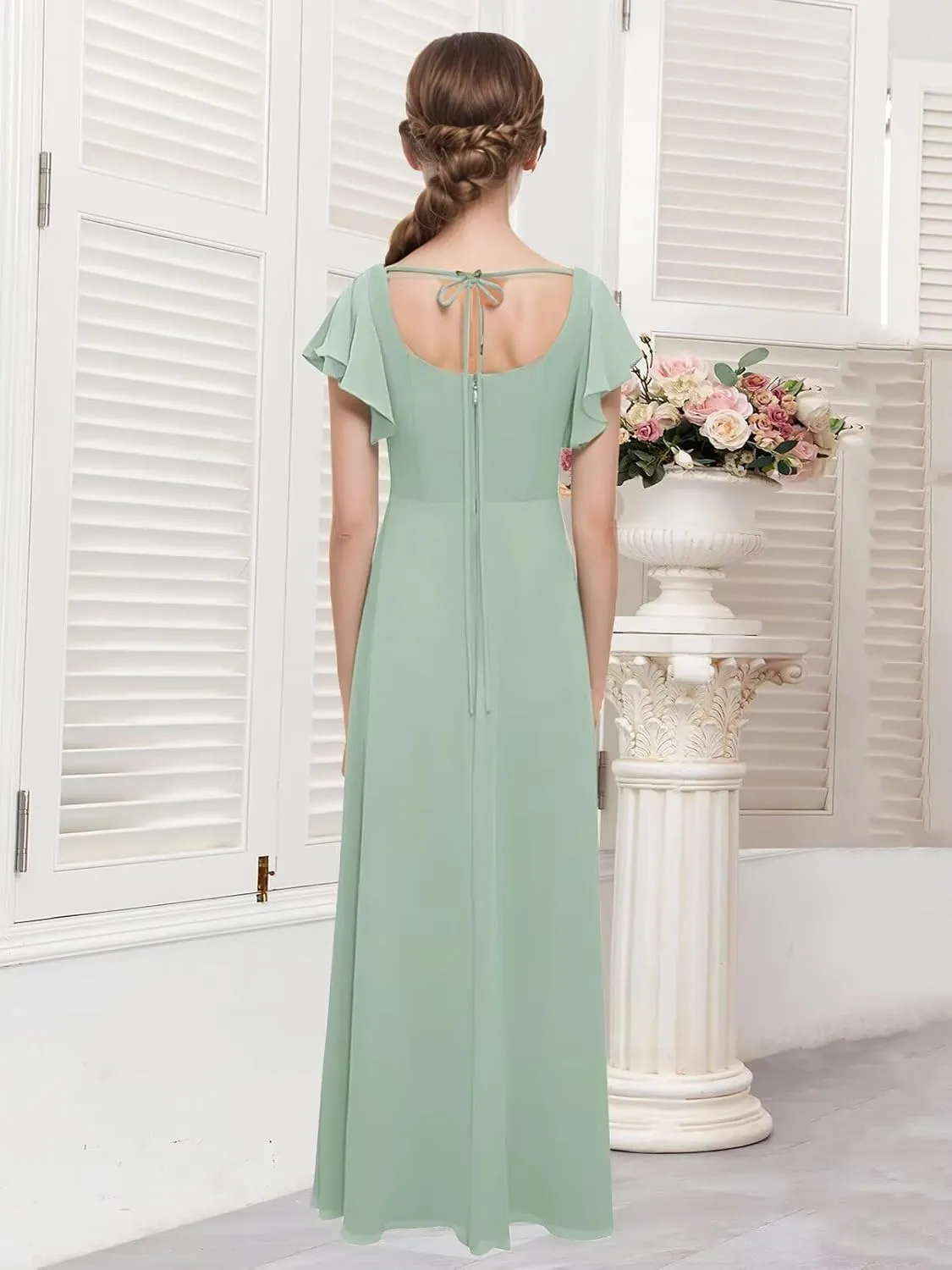 Long Chiffon Junior Bridesmaid Dresses Slit A-Line Ruffles Flower Girl Dresses for Wedding Girls Pageant Dress