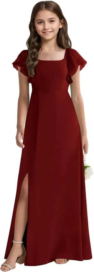 Long Chiffon Junior Bridesmaid Dresses Slit A-Line Ruffles Flower Girl Dresses for Wedding Girls Pageant Dress