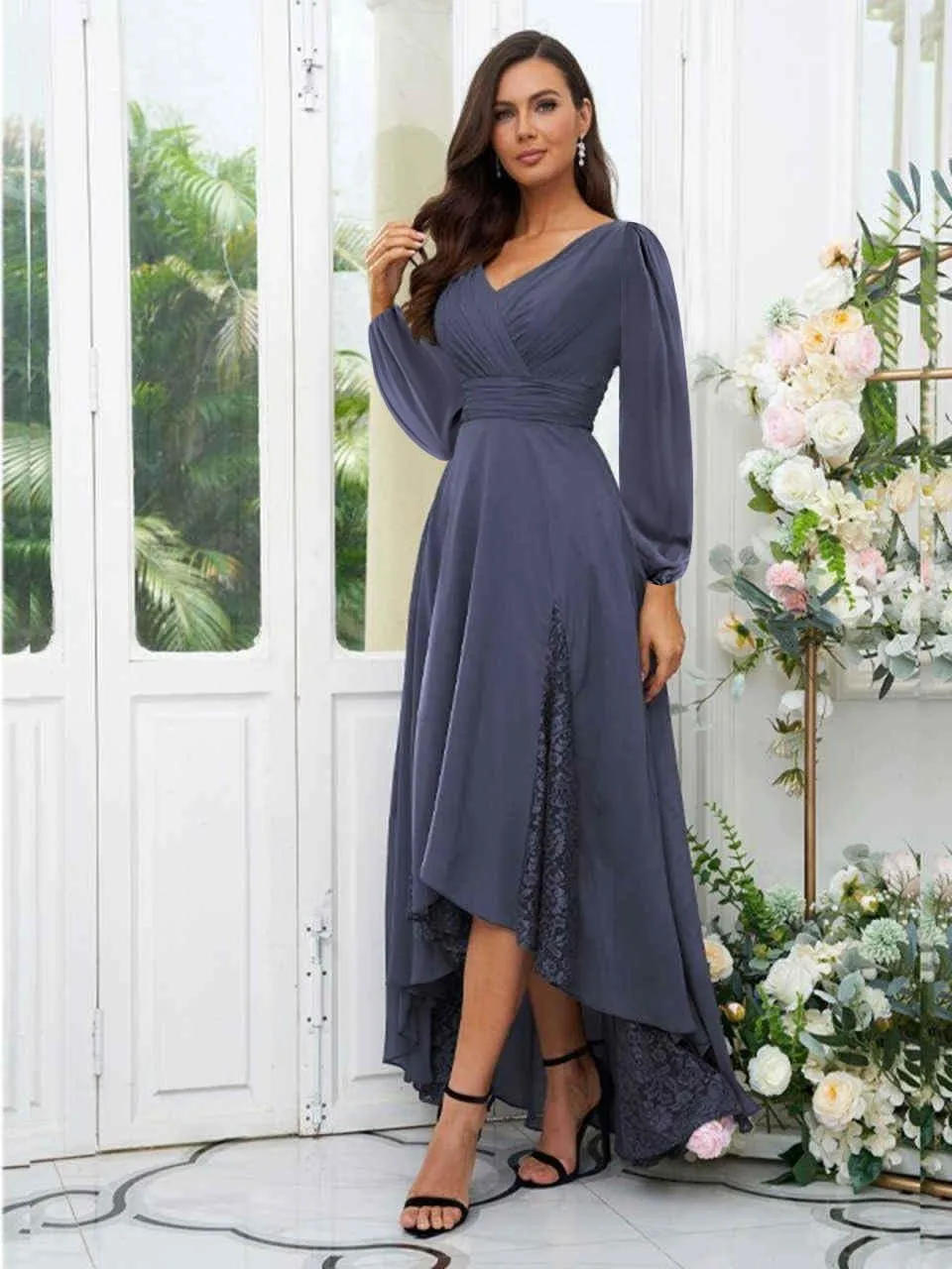 Long Sleeve Bridesmaid Dresses for Women Tea Length Pleated Chiffon Lace Formal Evening Dresses