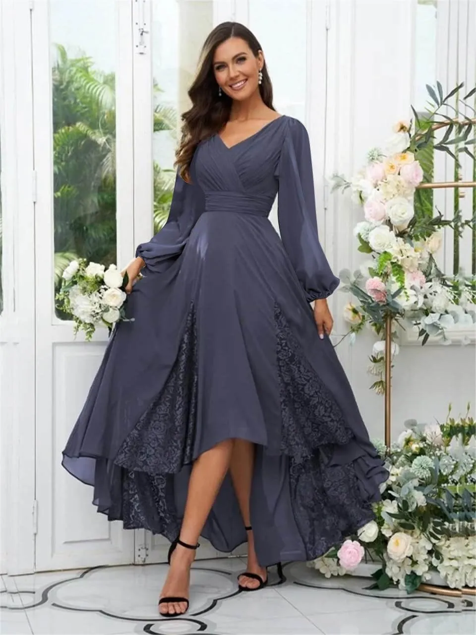 Long Sleeve Bridesmaid Dresses for Women Tea Length Pleated Chiffon Lace Formal Evening Dresses