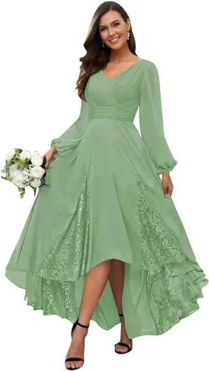 Long Sleeve Bridesmaid Dresses for Women Tea Length Pleated Chiffon Lace Formal Evening Dresses